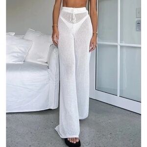 White Fox Boutique Wild One Cotton Crochet Wide Leg Pants Size XS